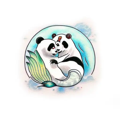 An anime-inspired tattoo of a mermaid kissing a panda under a full moon tattoo design idea