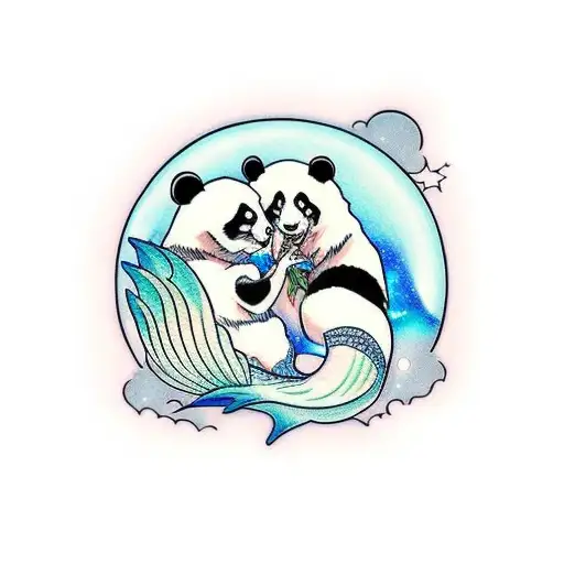 An anime-inspired tattoo of a mermaid kissing a panda under a full moon tattoo design idea