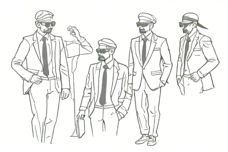 3 blindfolded men in suits exploring tattoo design idea