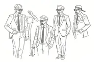 3 blindfolded men in suits exploring tattoo design idea