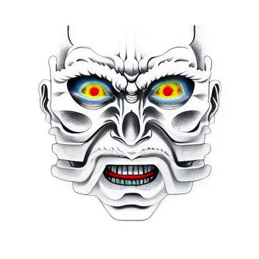 A human face split in half, with a oni mask between the halves. tattoo design idea
