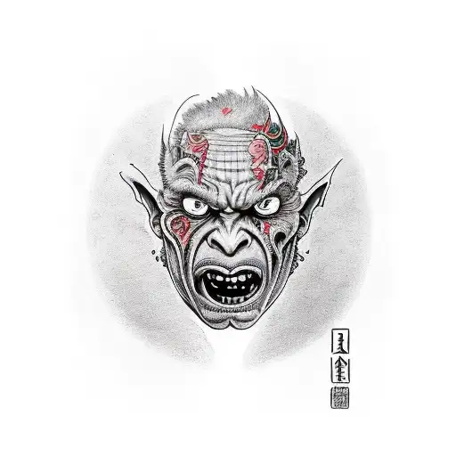 A human face split in half, with a goblin mask between the halves. tattoo design idea