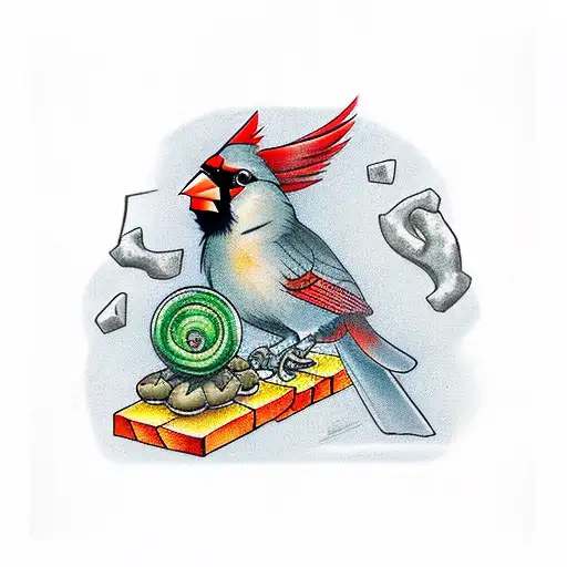 A cardinal perched atop a pile of jade stones with a tortoise below wearing an orange ninja style headband tattoo design idea