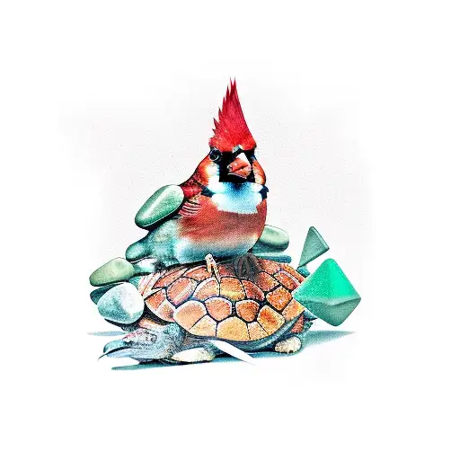 A cardinal perched atop a pile of jade stones with a tortoise in front with an orange h tattoo design idea