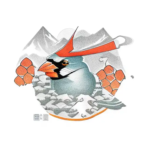 A cardinal perched atop a pile of jade stones with a tortoise below wearing an orange ninja style headband tattoo design idea