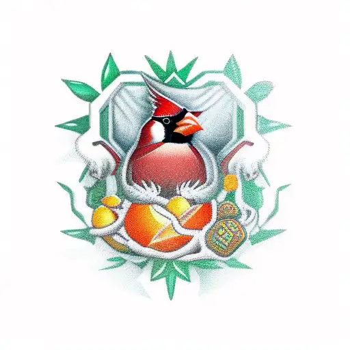 A neo-traditional style tattoo of a cardinal perched atop a large jade crystal with a tortoise in front with an orange h tattoo design idea