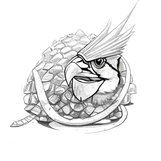 A cardinal perched atop a pile of jade stones with a tortoise below wearing an orange ninja style headband tattoo design idea
