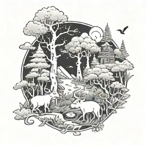 A comedic twist on a traditional nature scene, with cartoon characters engaging in funny antics among the trees and wildlife tattoo design idea