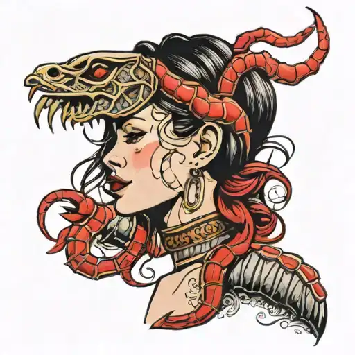 woman in profile with straight hair, red lips with scorpion and red colors tattoo design idea