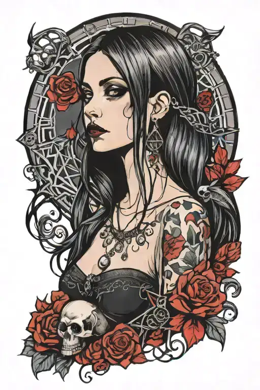 cute gothic woman with straight hair and red light illuminations tattoo design idea