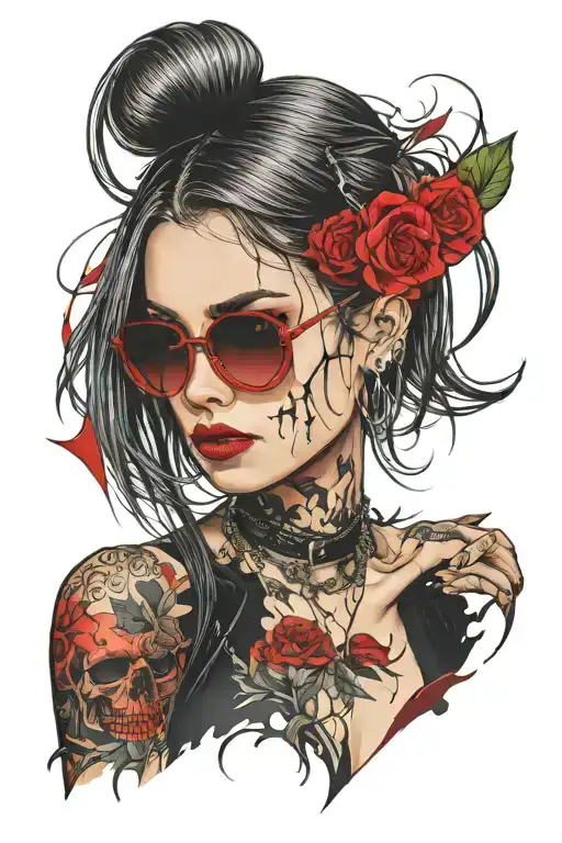 straight hair gothic girl with red light shades tattoo design idea