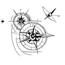 A minimalist outline of a compass with a tiny airplane in the middle tattoo design idea