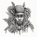 A tattoo design merging grunge and rap elements, such as a graffiti-style rap lyric with grunge textures, in a black-grey style tattoo design idea