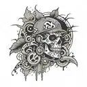 A tattoo design merging grunge and rap elements, such as a graffiti-style rap lyric with grunge textures, in a black-grey style tattoo design idea