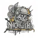 A tattoo design merging grunge and rap elements, such as a graffiti-style rap lyric with grunge textures, in a black-grey style tattoo design idea