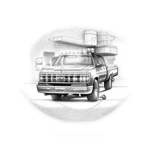 A dotwork tattoo of a mechanic working under a lifted 1998 GMC Sierra 4x4, surrounded by tools and spare parts tattoo design idea