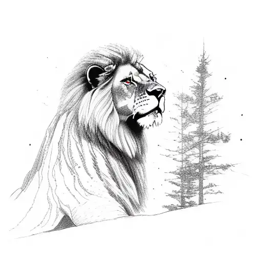 A majestic lion standing in a forest clearing, with a campfire flickering nearby tattoo design idea