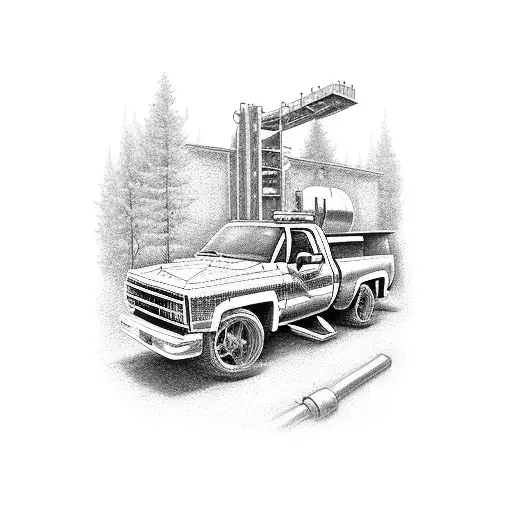 A dotwork tattoo of a mechanic working under a lifted 1998 GMC Sierra 4x4, surrounded by tools and spare parts tattoo design idea