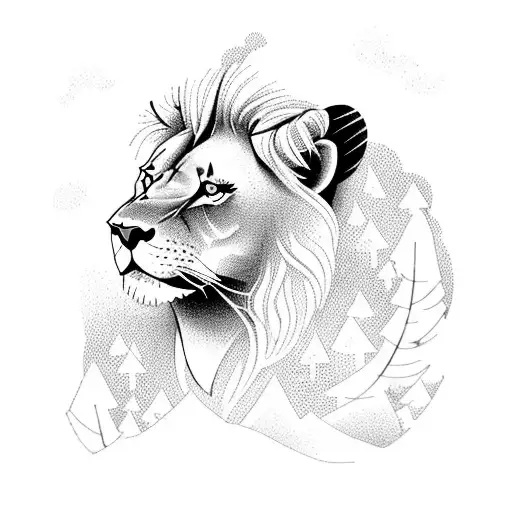 A majestic lion standing in a forest clearing, with a campfire flickering nearby tattoo design idea