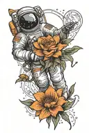 astronaut floating in space, flowers blooming tattoo design idea