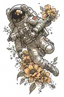 astronaut floating in space, flowers blooming tattoo design idea