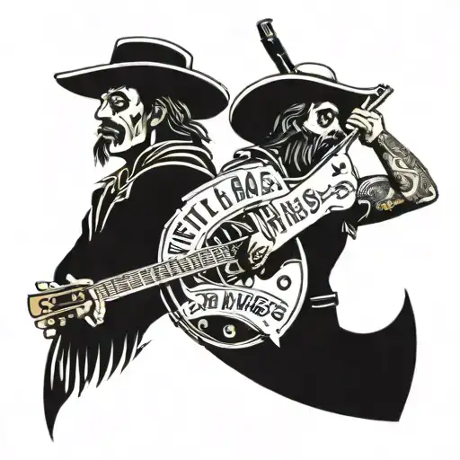 A tattoo design featuring a band of outlaws playing Americana music, with a banner that says 'The Night Thieves' tattoo design idea