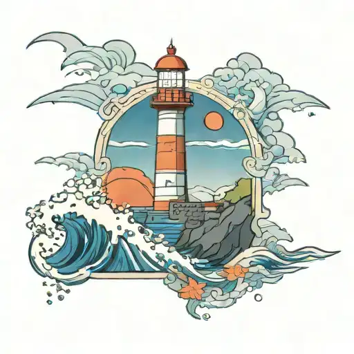 Lighthouse near ocean, in blue and orange, squared around in Porto mosaic style tattoo design idea