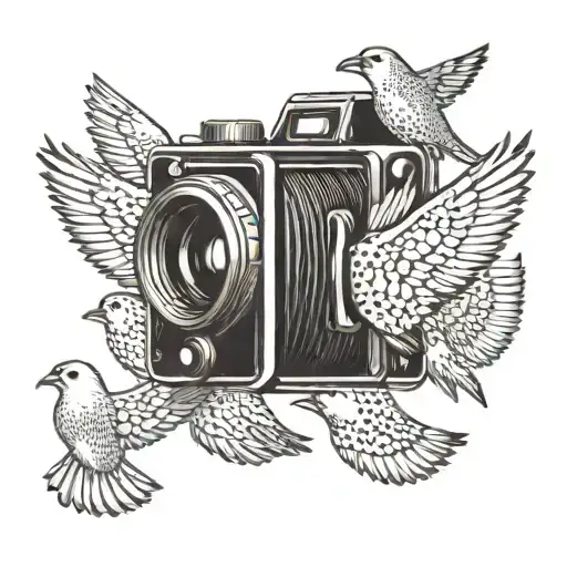 A flock of birds flying out of a vintage camera, representing the client's love for birds and photography tattoo design idea