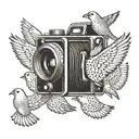 A flock of birds flying out of a vintage camera, representing the client's love for birds and photography tattoo design idea