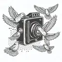 A flock of birds flying out of a vintage camera, representing the client's love for birds and photography tattoo design idea