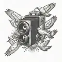 A flock of birds flying out of a vintage camera, representing the client's love for birds and photography tattoo design idea