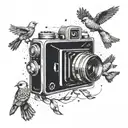 A flock of birds flying out of a vintage camera, representing the client's love for birds and photography tattoo design idea