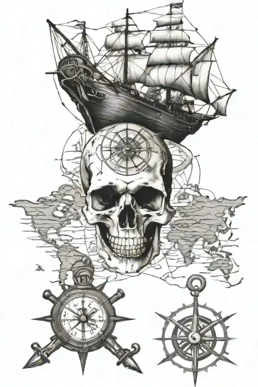 skull and ship and map and compass and anchor  tattoo design idea