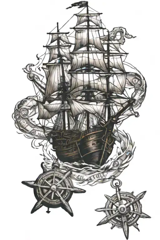 pirate and ship and map and compass and anchor intertwined tattoo design idea