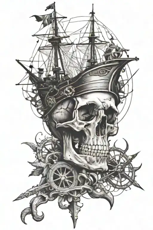 skull and ship and compass and anchor  tattoo design idea