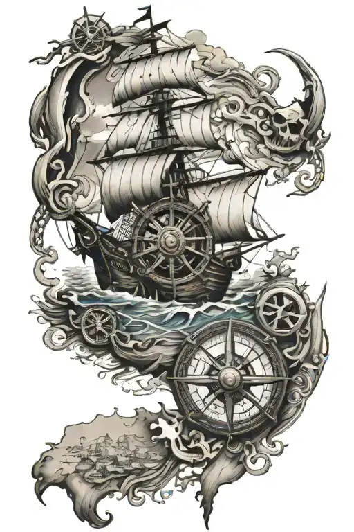 pirate and ship and map and compass and anchor  tattoo design idea