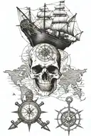 skull and ship and map and compass and anchor  tattoo design idea