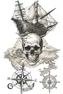skull and ship and map and compass and anchor  tattoo design idea