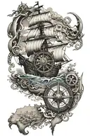 pirate and ship and map and compass and anchor  tattoo design idea