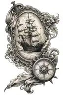 pirate and ship and map and compass and anchor  tattoo design idea