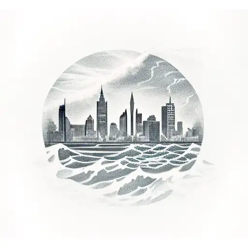 A realistic tattoo of a Detroit cityscape with waves crashing against the shore in an oceanic style tattoo design idea
