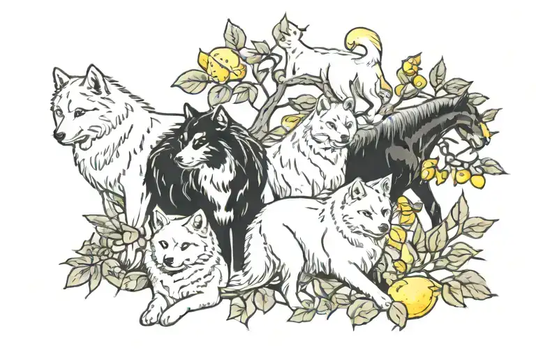 Lemon branch with three cats, samoyed dog, and horse tattoo design idea