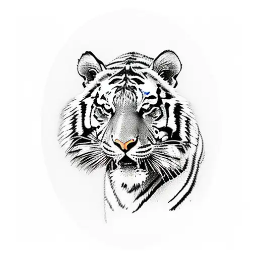 tiger drinking from water with grasslands in the background with trees and the sunset and elephants in the background tattoo design idea