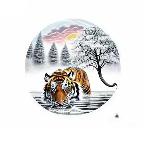 tiger drinking from water with grasslands in the background with trees and the sunset and elephants in the background tattoo design idea