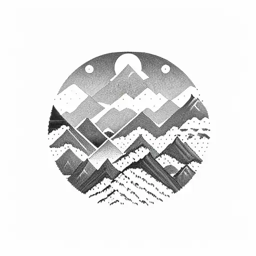 mountains, 7 trees, 18 dots in circle  tattoo design idea