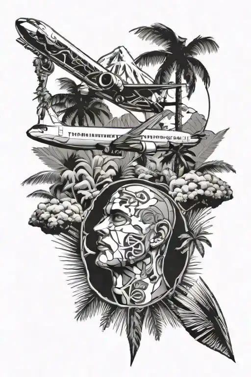 airplane and palm trees and face with mountains and dollars tattoo design idea