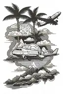 dollars, airplane and palm trees and face with mountains and clouds tattoo design idea