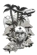 dollars, airplane and palm trees and face with mountains and clouds tattoo design idea