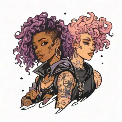 girl with curly mauve hair and tall black boy in glittery clothes tattoo design idea