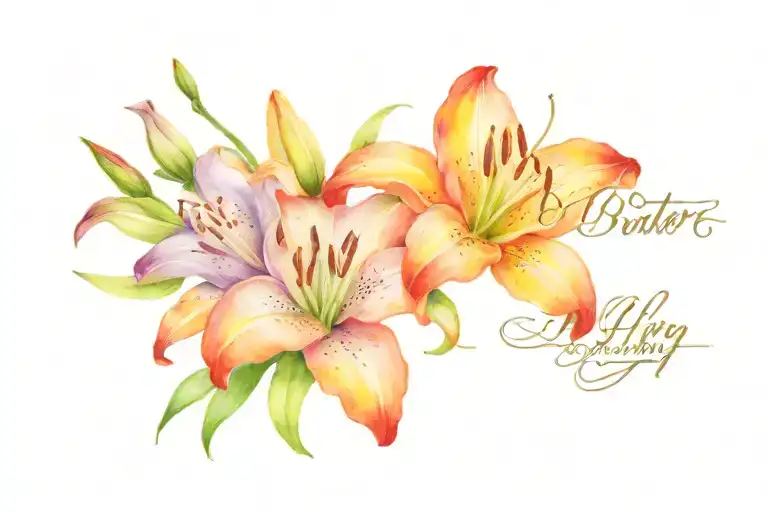 3 butter fly Lilly flower quote always on my mind, forever in my heart in cursive tattoo design idea